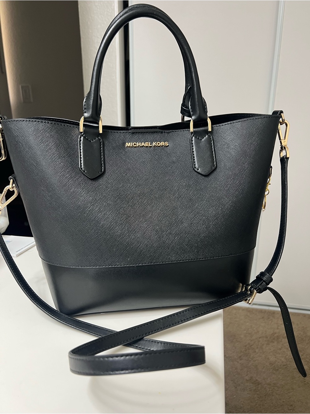 Michael Kors Black Two-Tone Leather Tote with Gold Accents